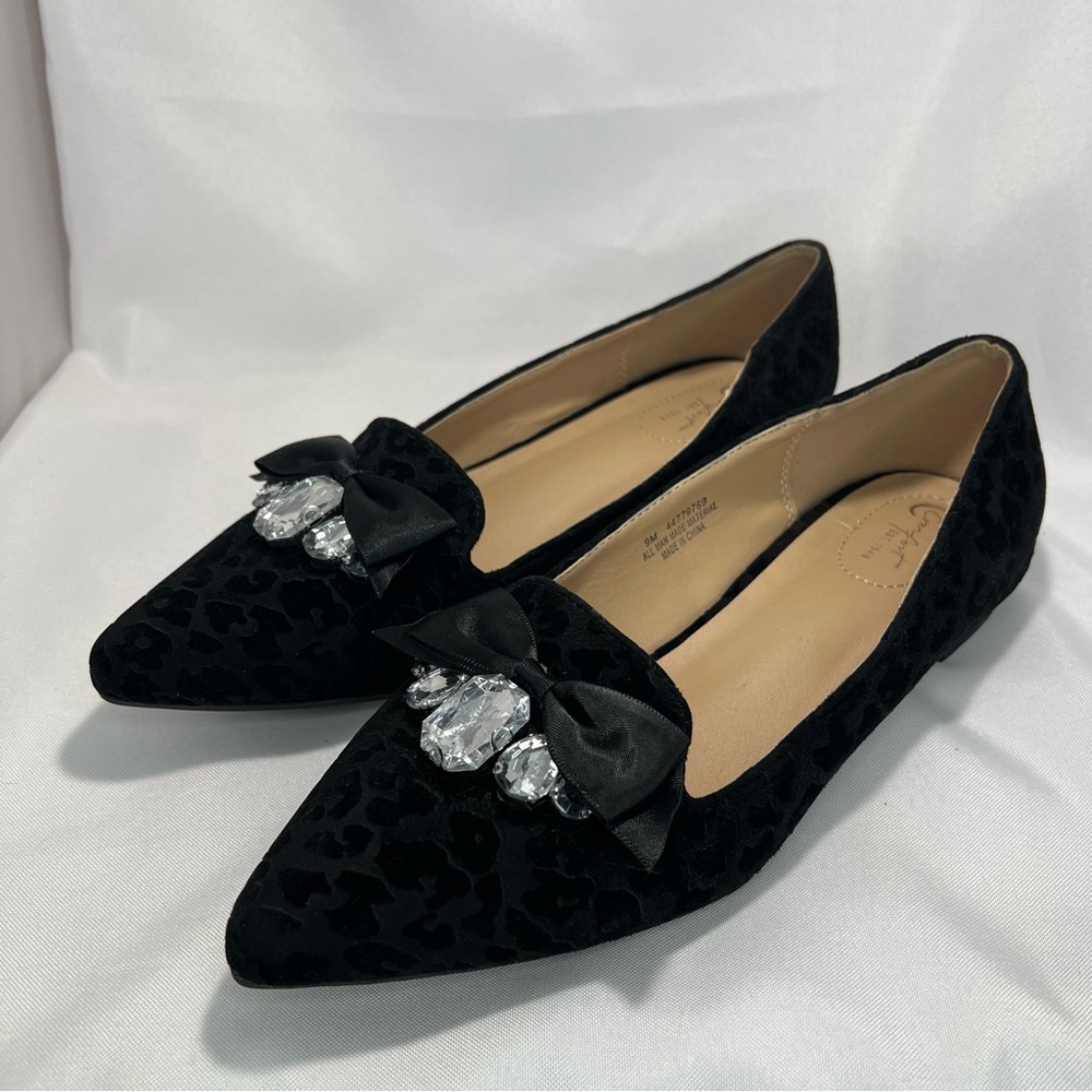 Quiet Lux C Comfort Est 1946 Sz 9M Black Burnout Velvet Rhinestone Heeled Flats